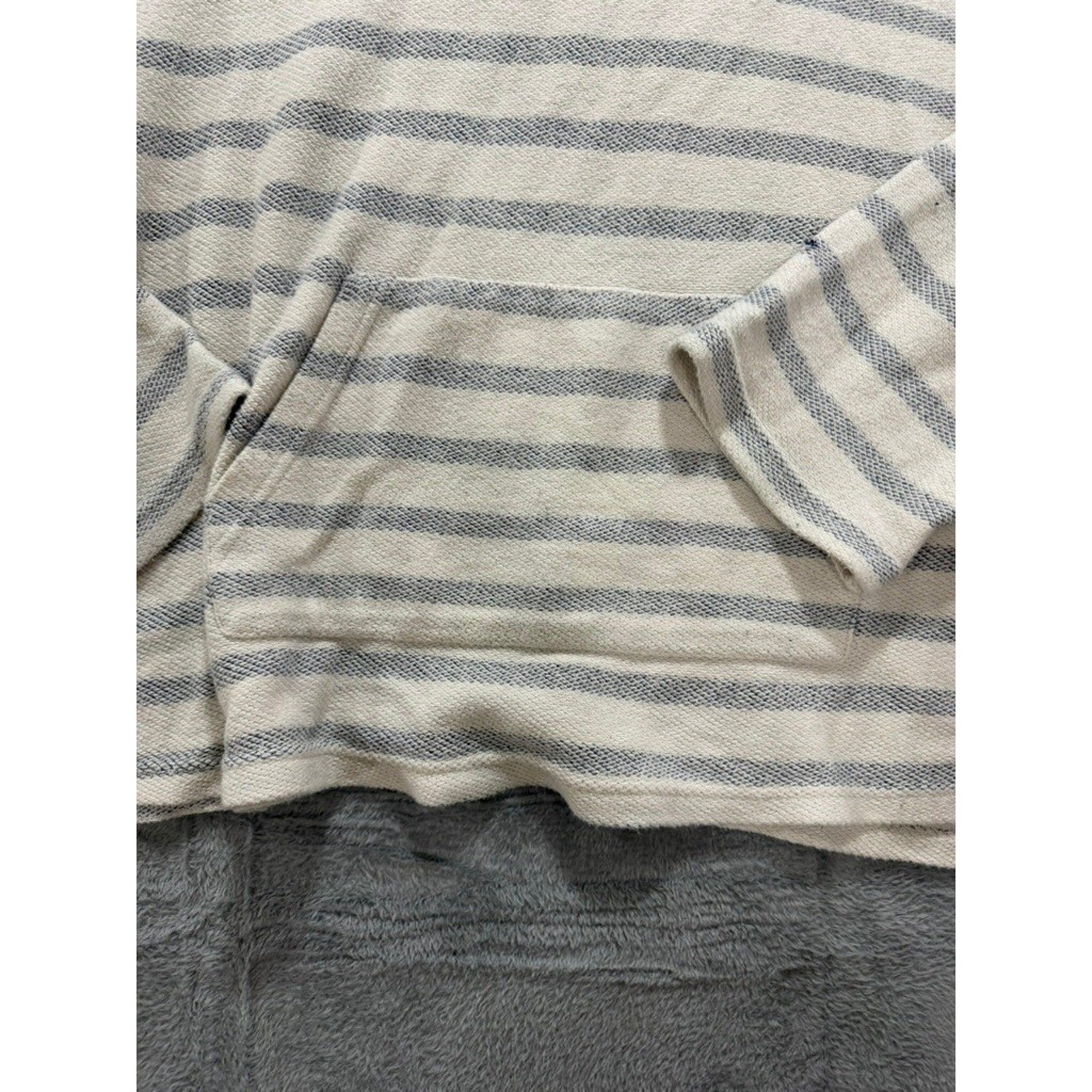 Oversized Striped Knit Hoodie Cream Grey Nautical Kangaroo Pocket Pullover Coast