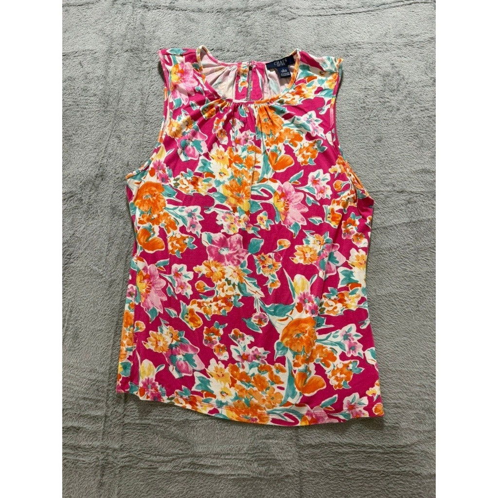 Chaps Womens Pink Floral Sleeveless Pleated Neck Shell Blouse Top Large L