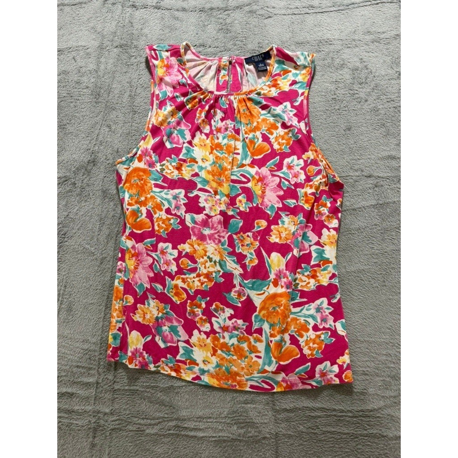Chaps Womens Pink Floral Sleeveless Pleated Neck Shell Blouse Top Large L