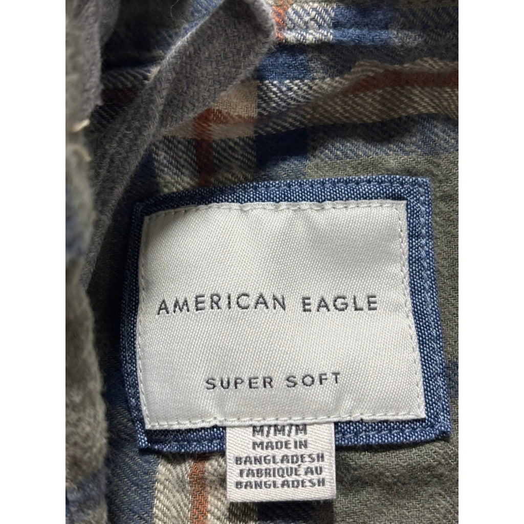 American Eagle M Green Plaid Hooded Flannel Shirt Womens Vintage Casual Cozy
