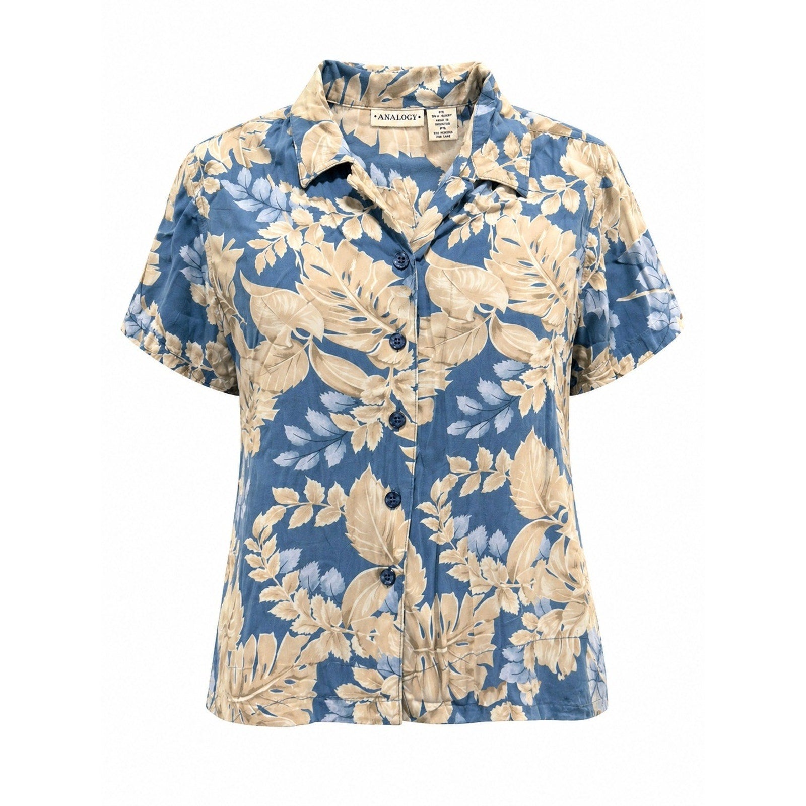 ANALOGY Button Up Shirt Womens PS Blue Beige Floral Hawaiian Tropical