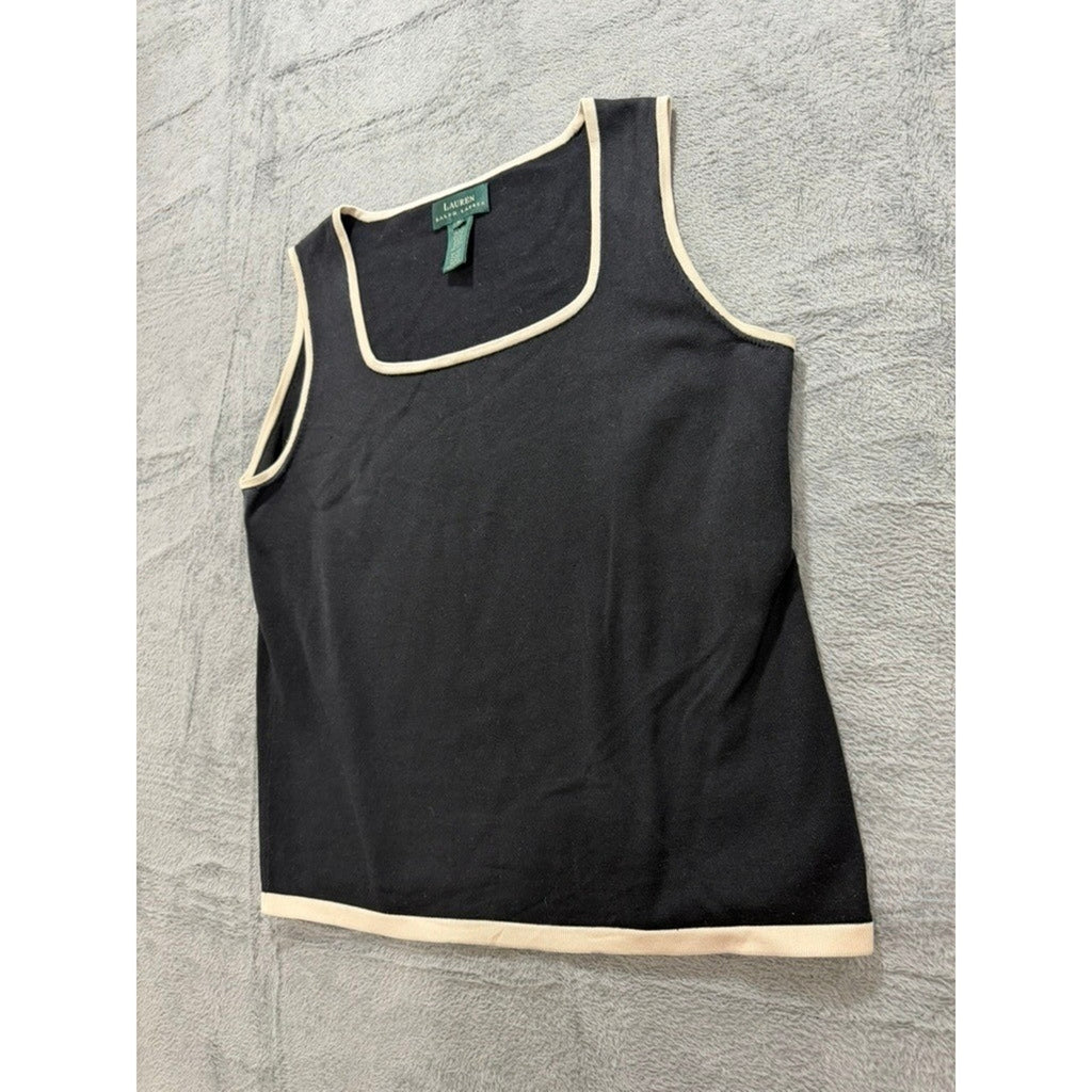 Lauren Ralph Lauren Tank Top Womens XL Black Silk Blend Contrast Trim Knit