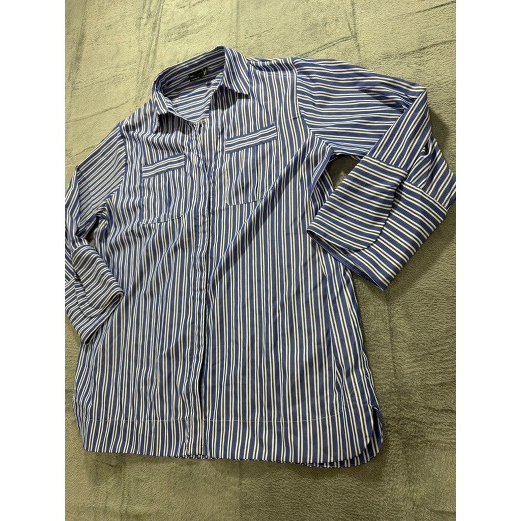 ASOS Design Button Up Shirt Womens US 14 Blue White Striped Pocket Blouse