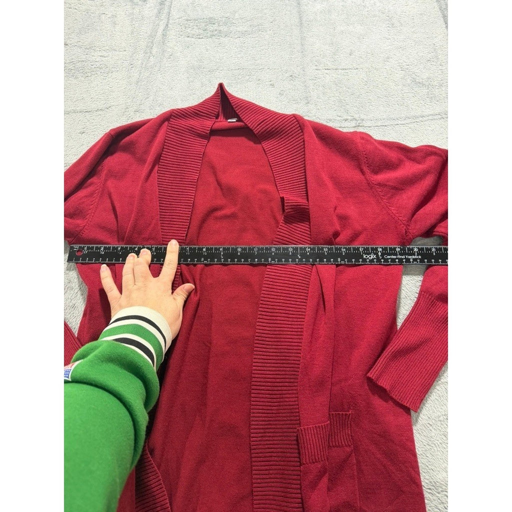 Sueani Womens Red Open Front Cardigan Ribbed Knit Pocket Sweater Large Office