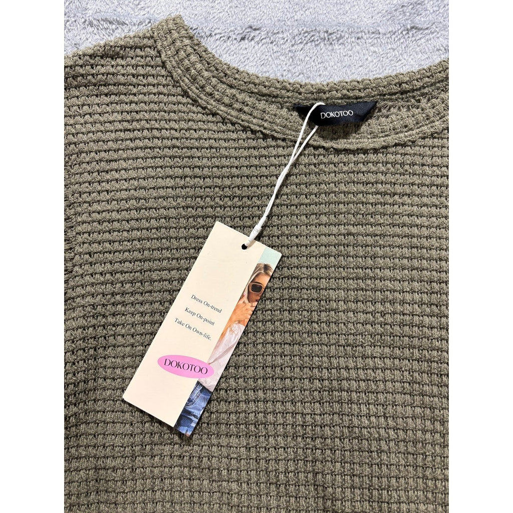 Dokotoo Womens S Olive Green Waffle Knit Puff Sleeve Top Casual Cozy Boho