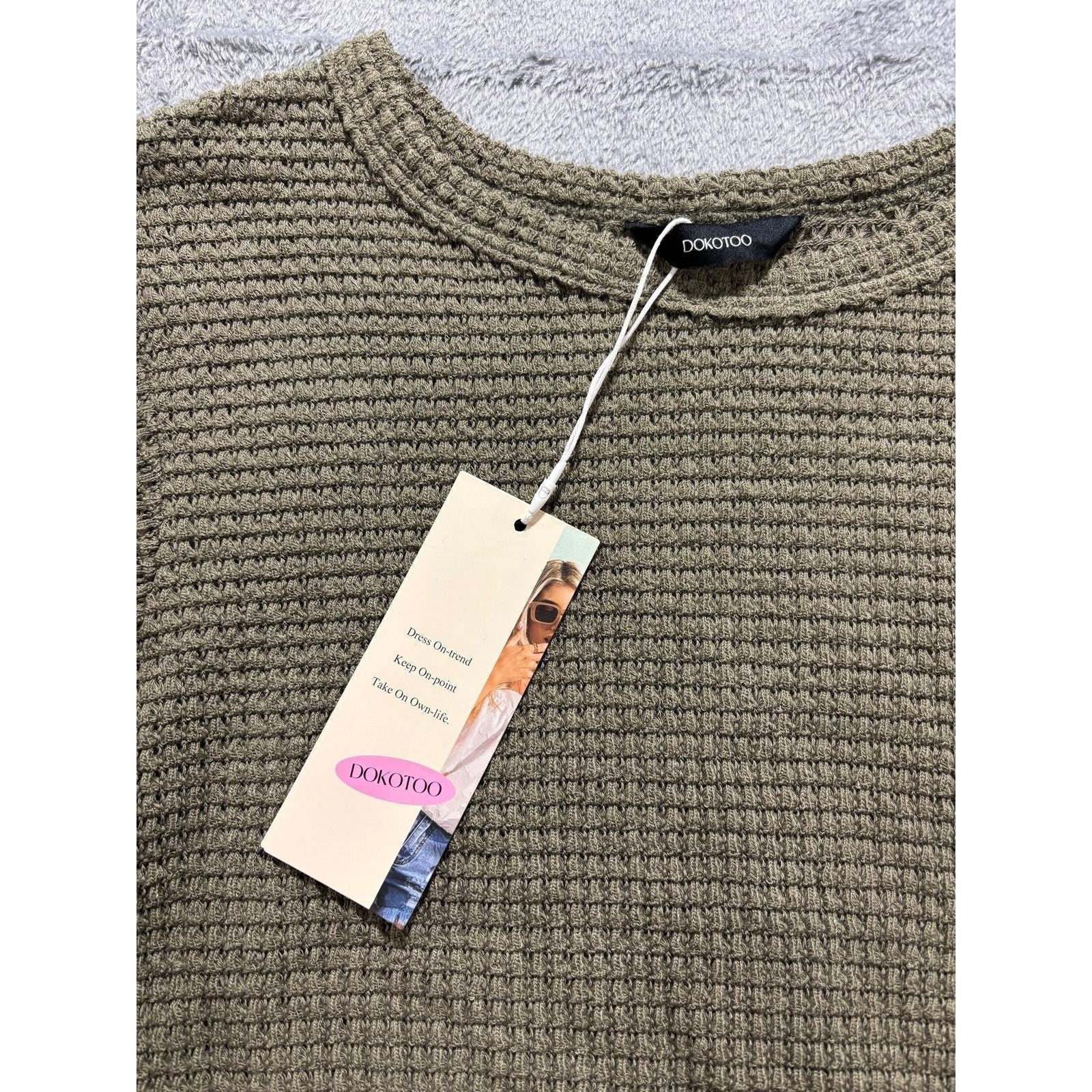 Dokotoo Womens S Olive Green Waffle Knit Puff Sleeve Top Casual Cozy Boho