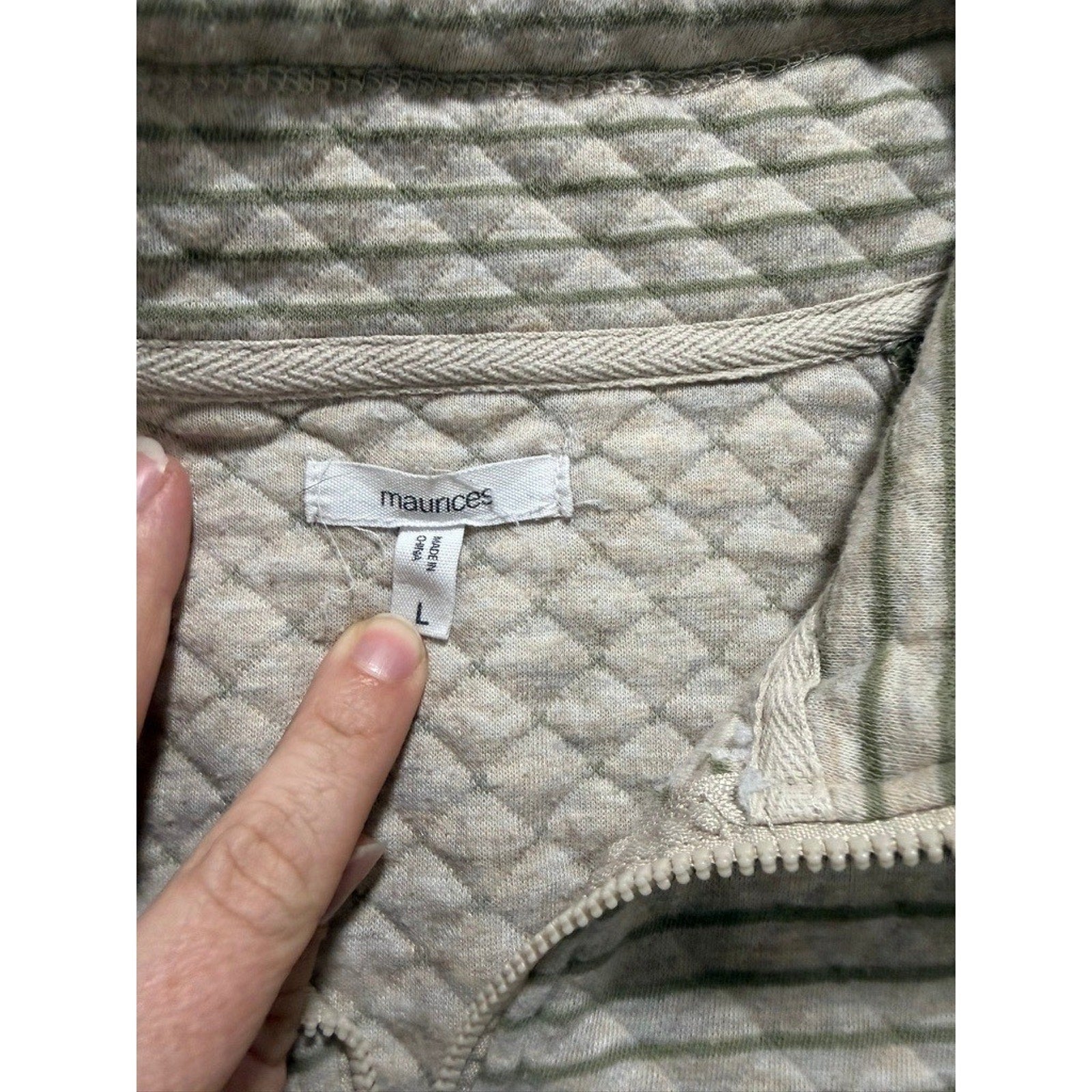 Maurices Womens Quilted Quarter Zip Pullover Sage Green Striped Size L Pocket