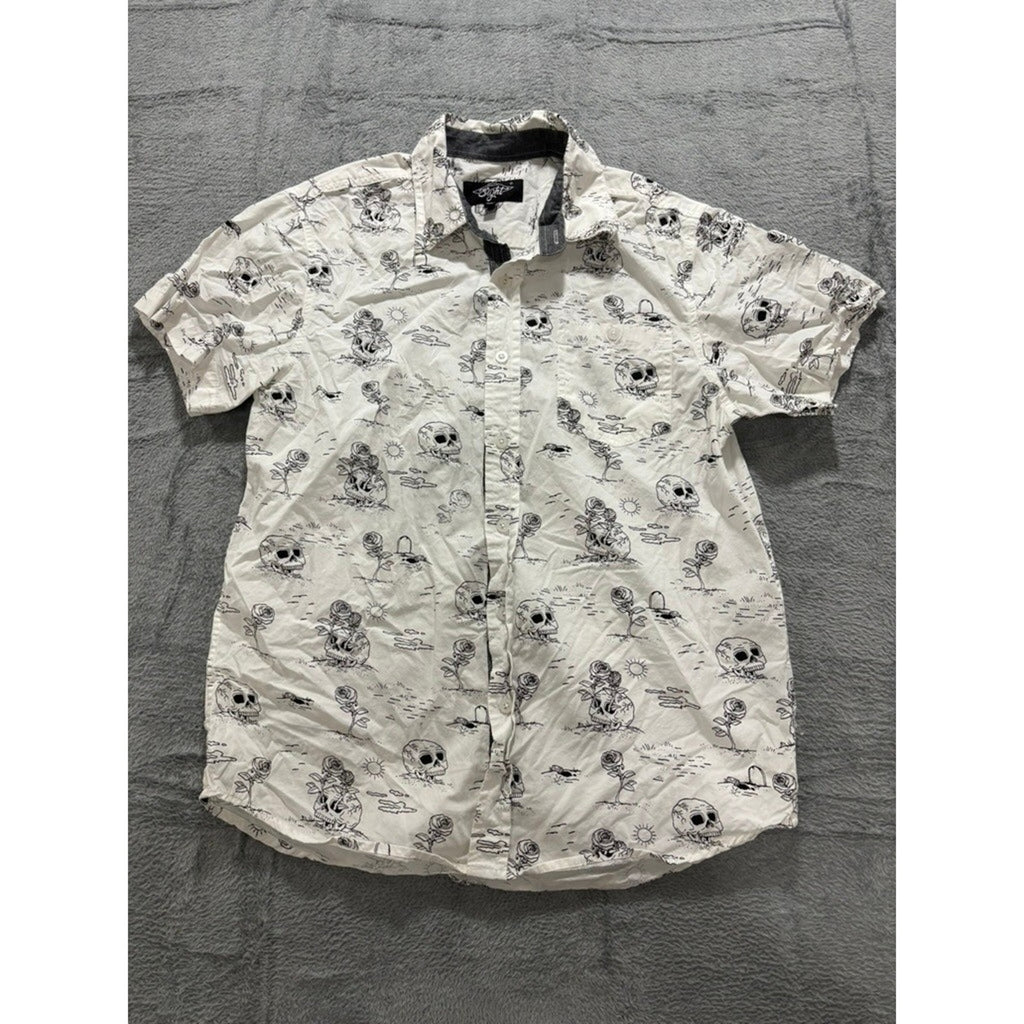 Eighty Eight Button Up Shirt Men Medium White Skull Print Cotton Short Sleeve