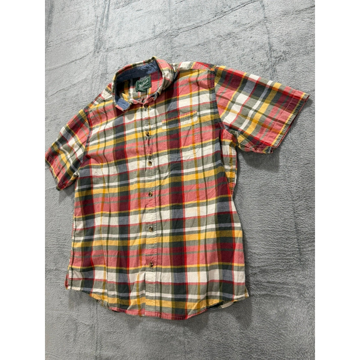 Woolrich Mens XL Short Sleeve Plaid Button Down Shirt Organic Cotton Modern Fit