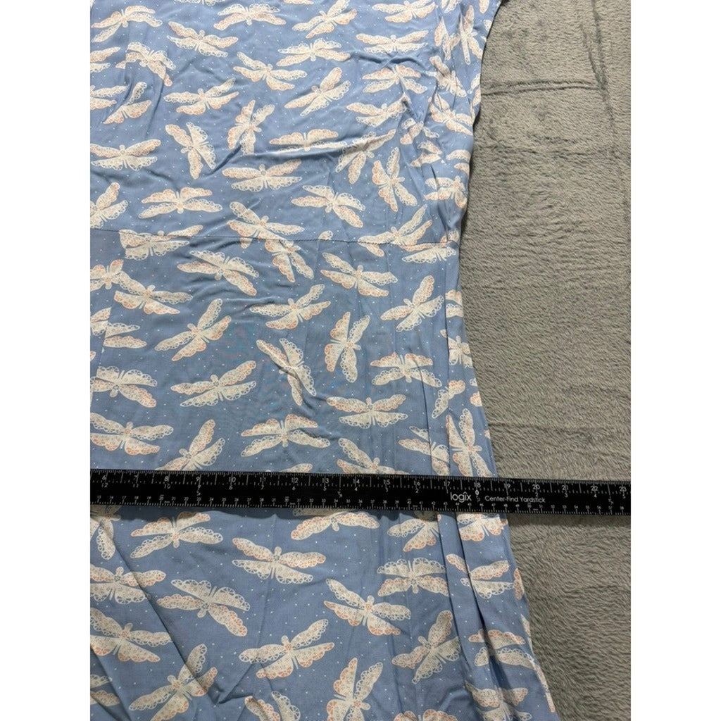 LOFT Dress Womens 12 Blue Dragonfly Print Cap Sleeve Fit Flare Midi