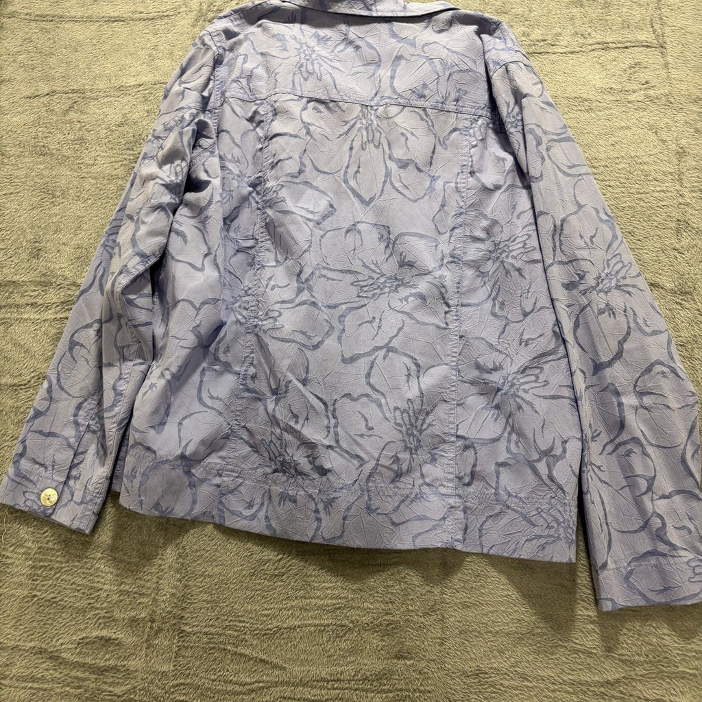 Denim & Co. L Blue Floral Button Down Shirt Womens Casual Coastal Vintage