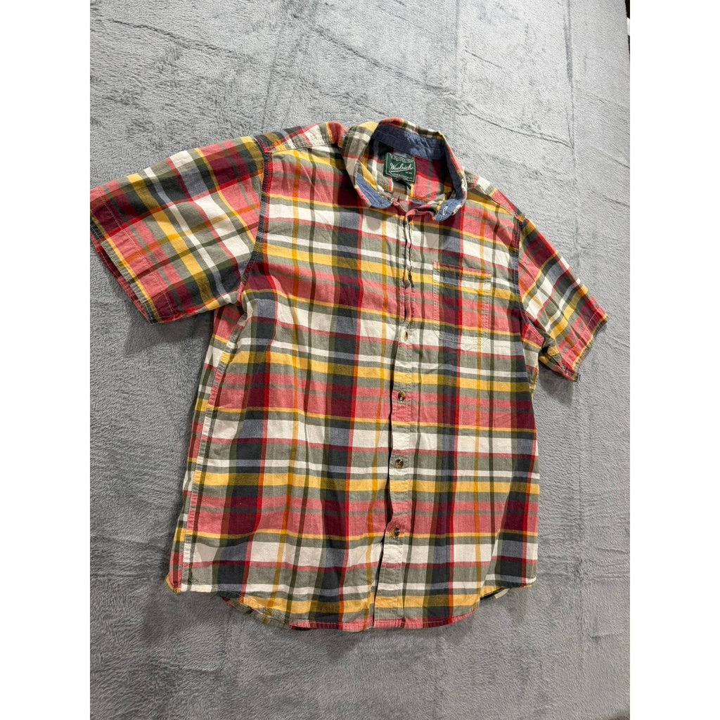 Woolrich Mens XL Short Sleeve Plaid Button Down Shirt Organic Cotton Modern Fit