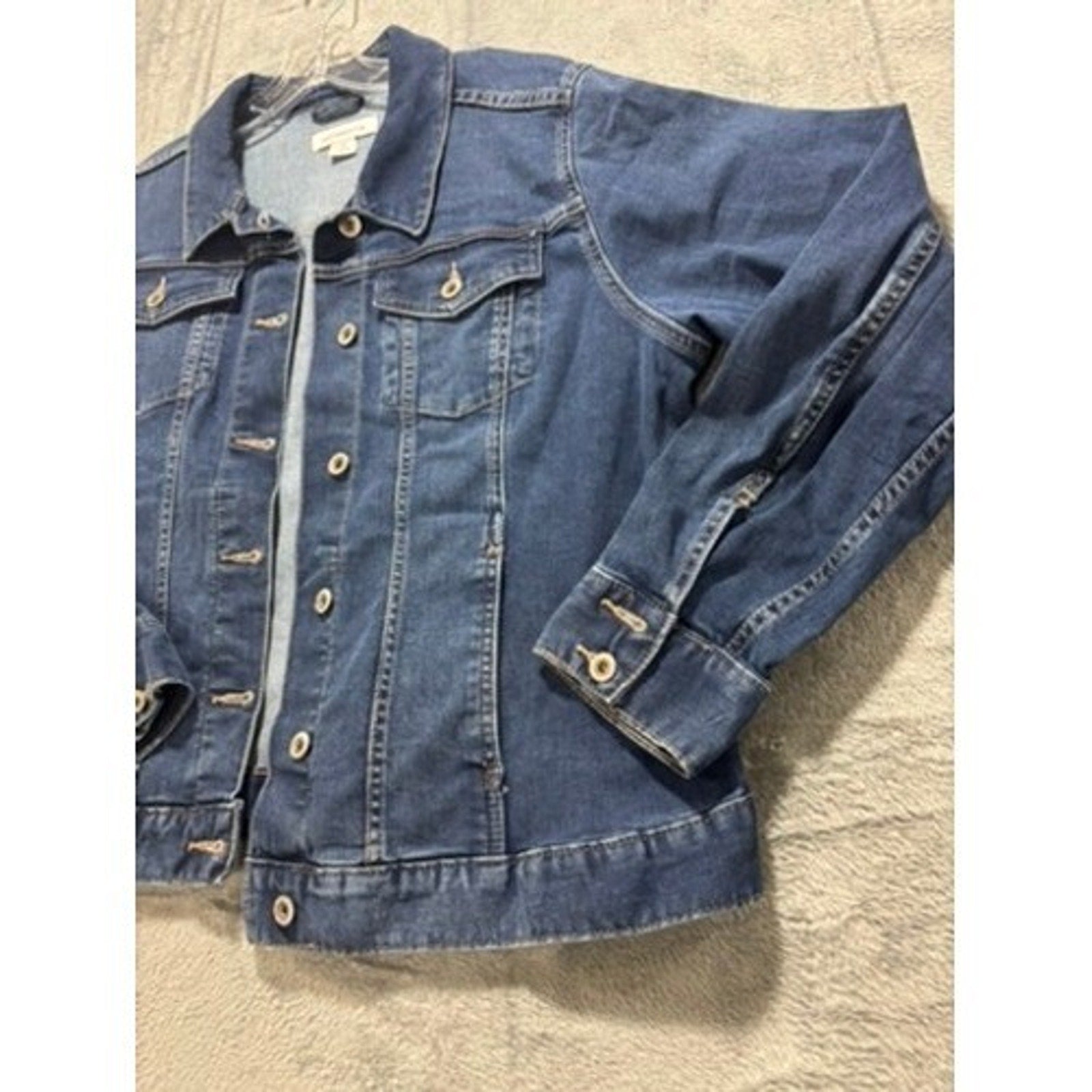 Liz Claiborne Womens XL Blue Denim Trucker Jacket Stretch Medium Wash Button Up