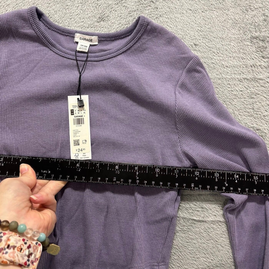 Garage Womens XS Purple Ribbed Bandana Hem Long Sleeve Top Y2K Festival Boho