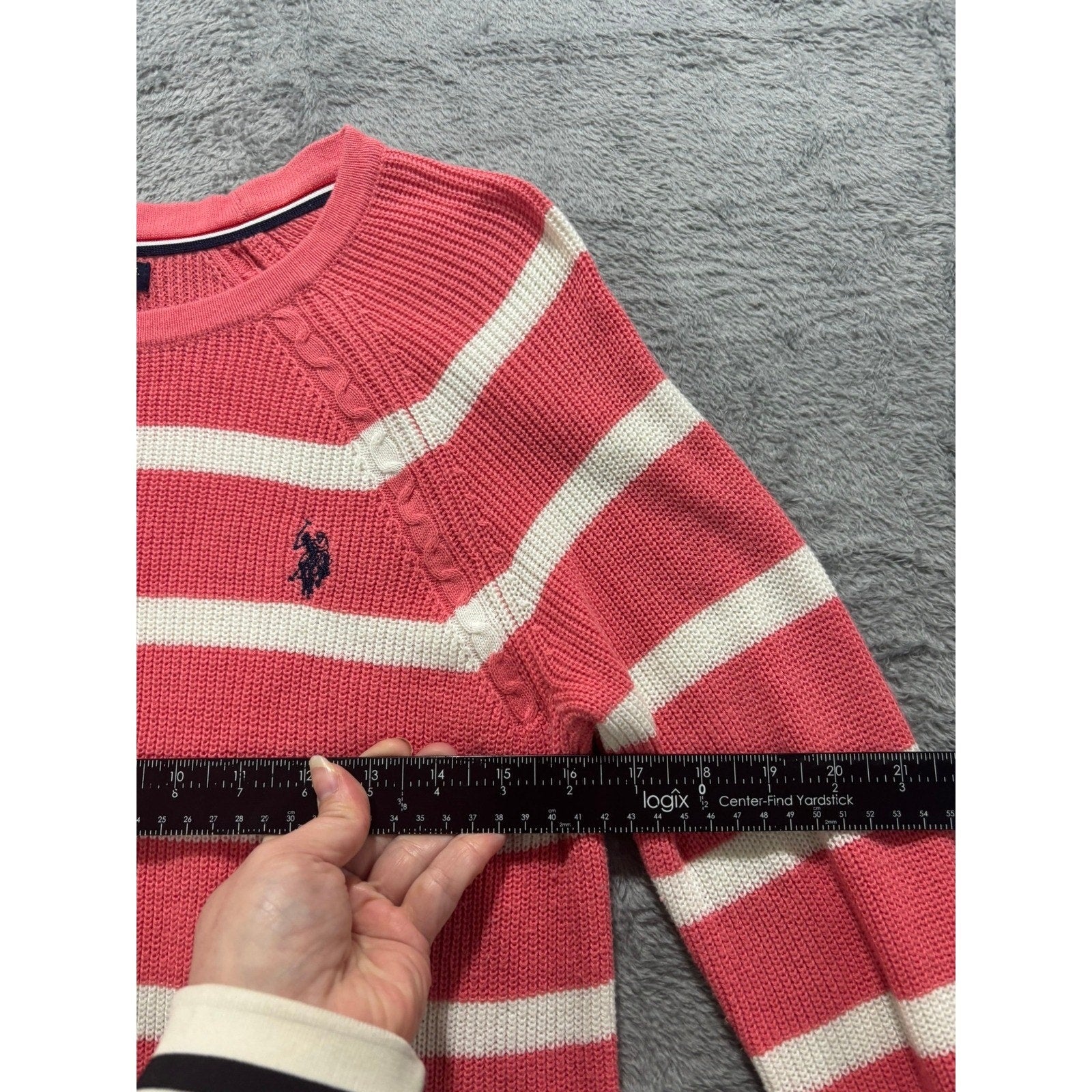 US Polo Assn Sweater Womens M Pink Stripe Knit Crewneck Logo Casual Preppy