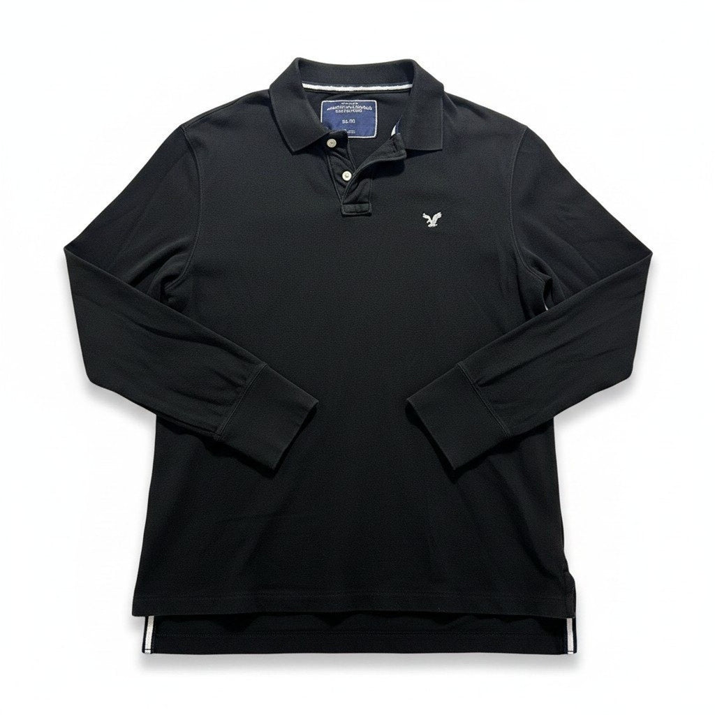 American Eagle XL Black Long Sleeve Polo Shirt Mens Vintage Fit Casual Preppy