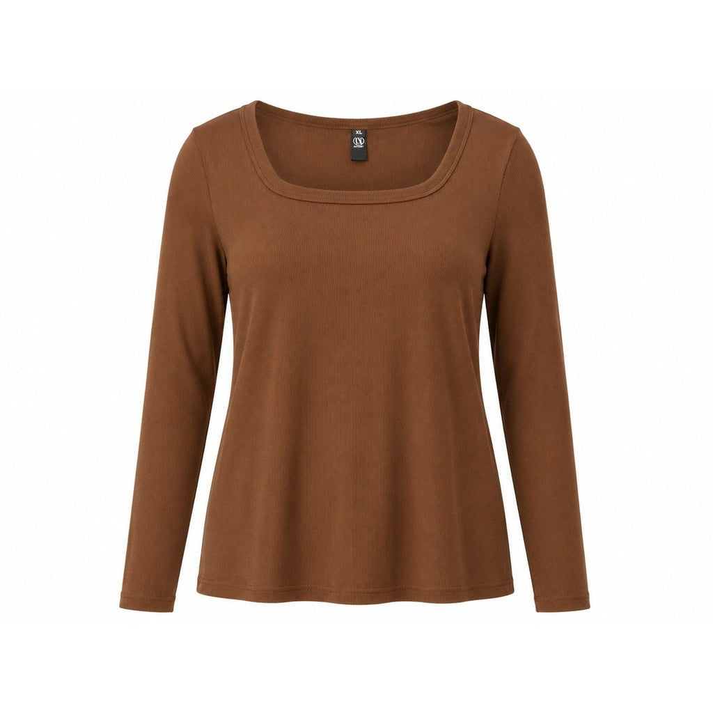 Automet Womens Brown Ribbed Square Neck Long Sleeve Top XL EZau458
