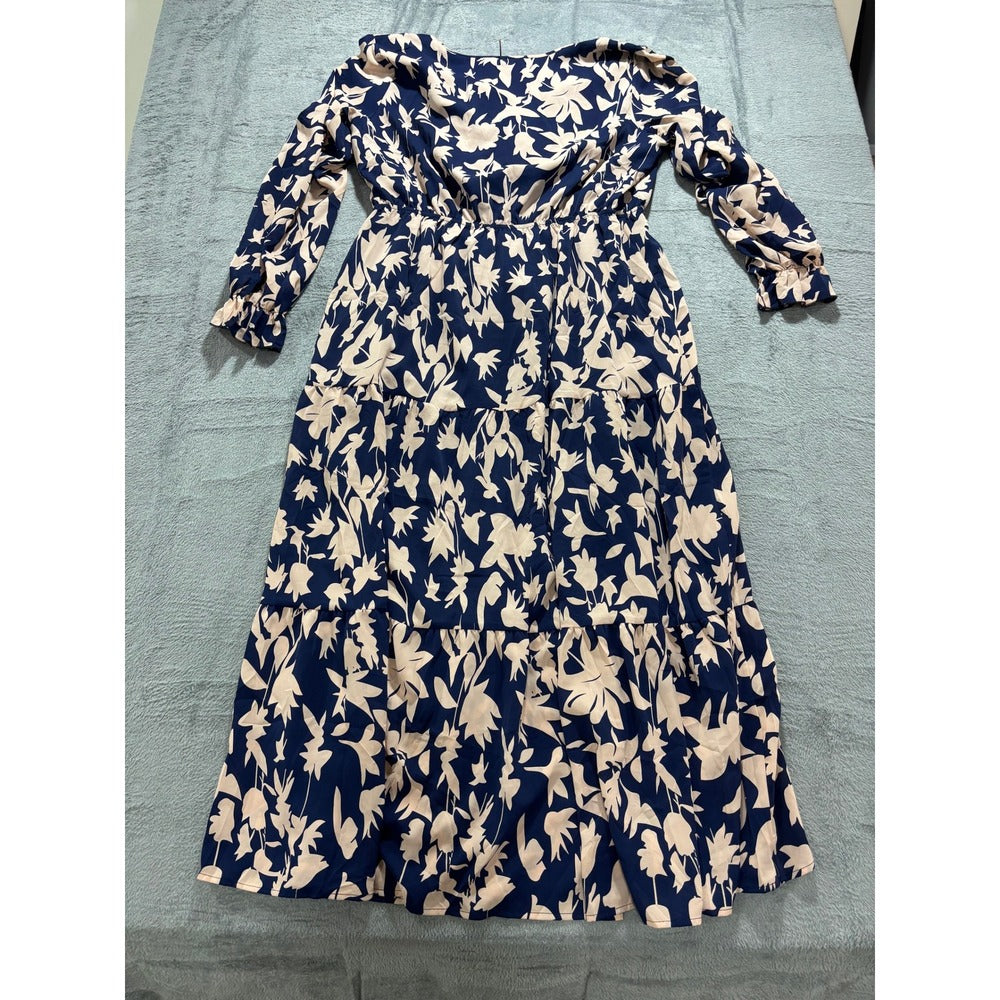 Womens XXL Navy Blue Floral Tiered Maxi Dress Boho Cottagecore Peasant NWT