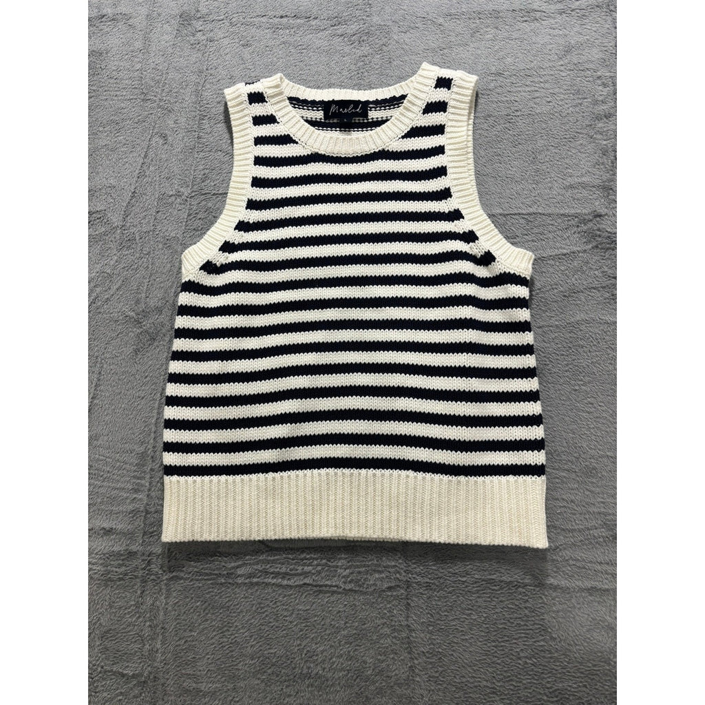 Marled Sweater Vest Womens Large Striped Knit Cotton Sleeveless Nautical Preppy