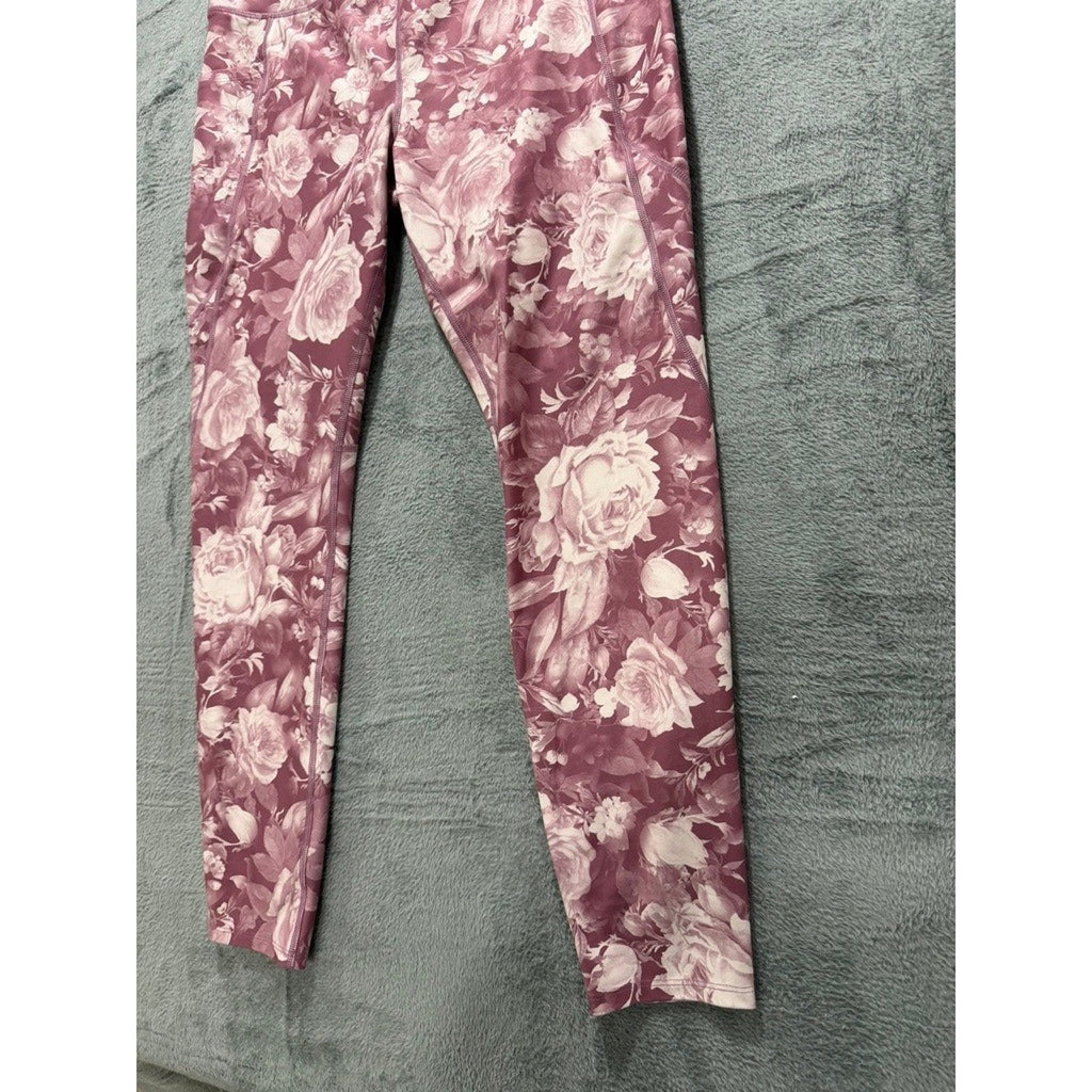 Athletic Works Womens XL Mauve Rose Floral High Waist Leggings Pockets Gym
