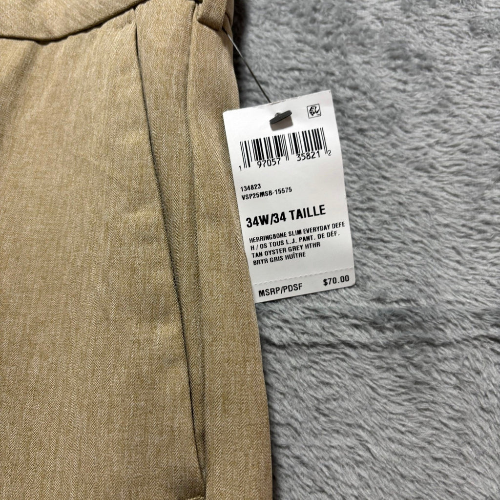 Van Heusen Mens 34x34 Tan Herringbone Slim Fit Flex Dress Pants Flat Front Chino