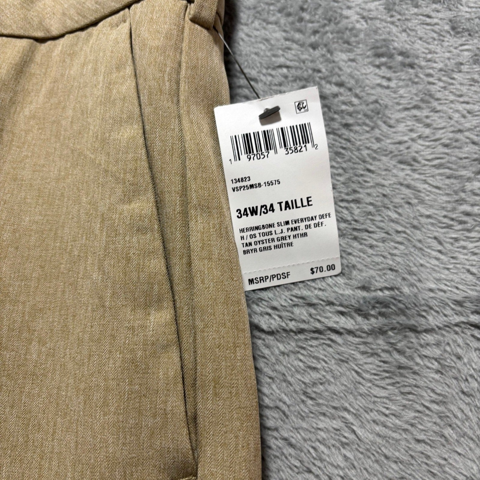 Van Heusen Mens 34x34 Tan Herringbone Slim Fit Flex Dress Pants Flat Front Chino