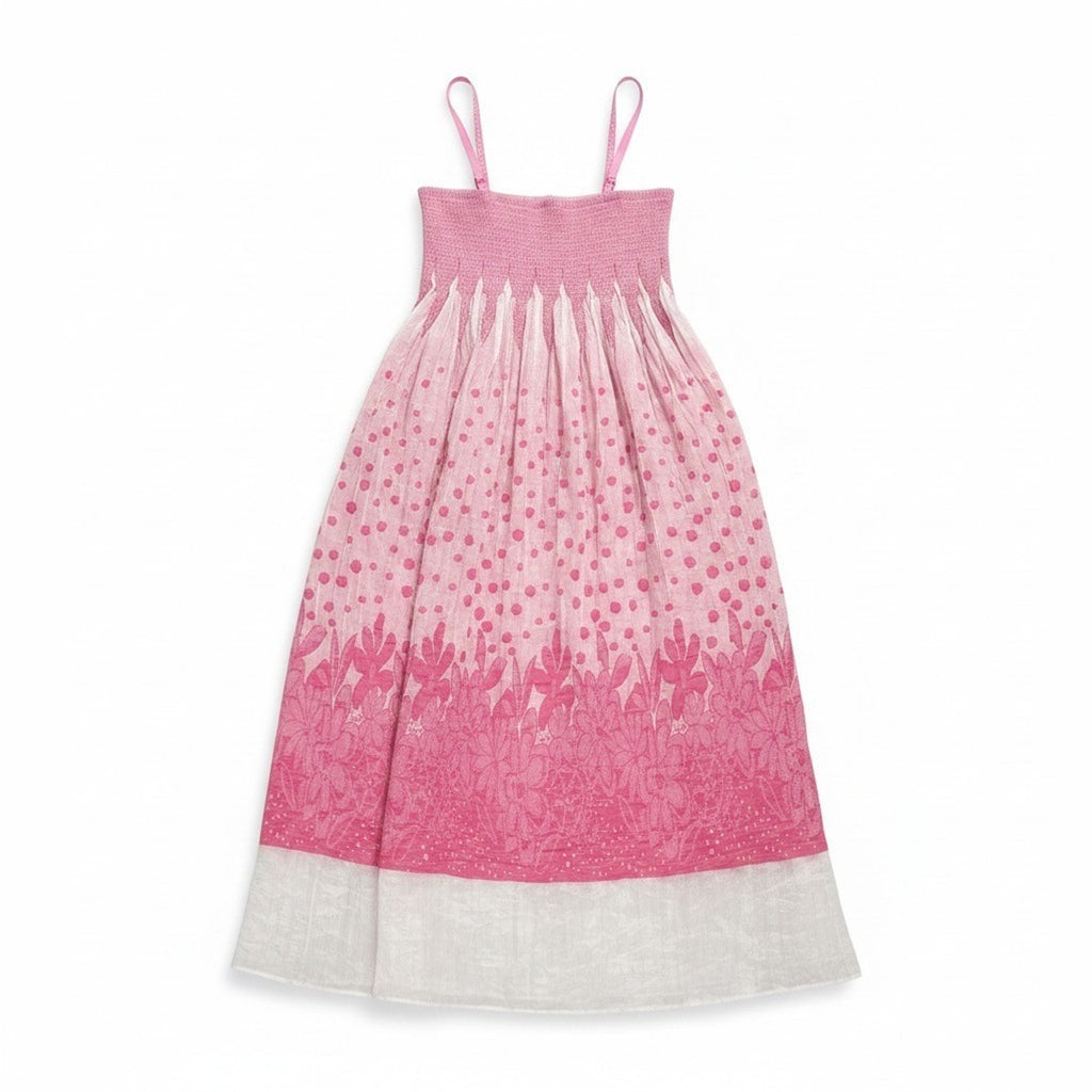 Lapis Womens OS Pink Smocked Polka Dot Floral Maxi Dress Boho Festival