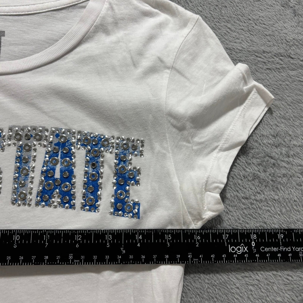 MJU Womens L White Penn State Rhinestone Graphic T-Shirt Casual Vintage Style