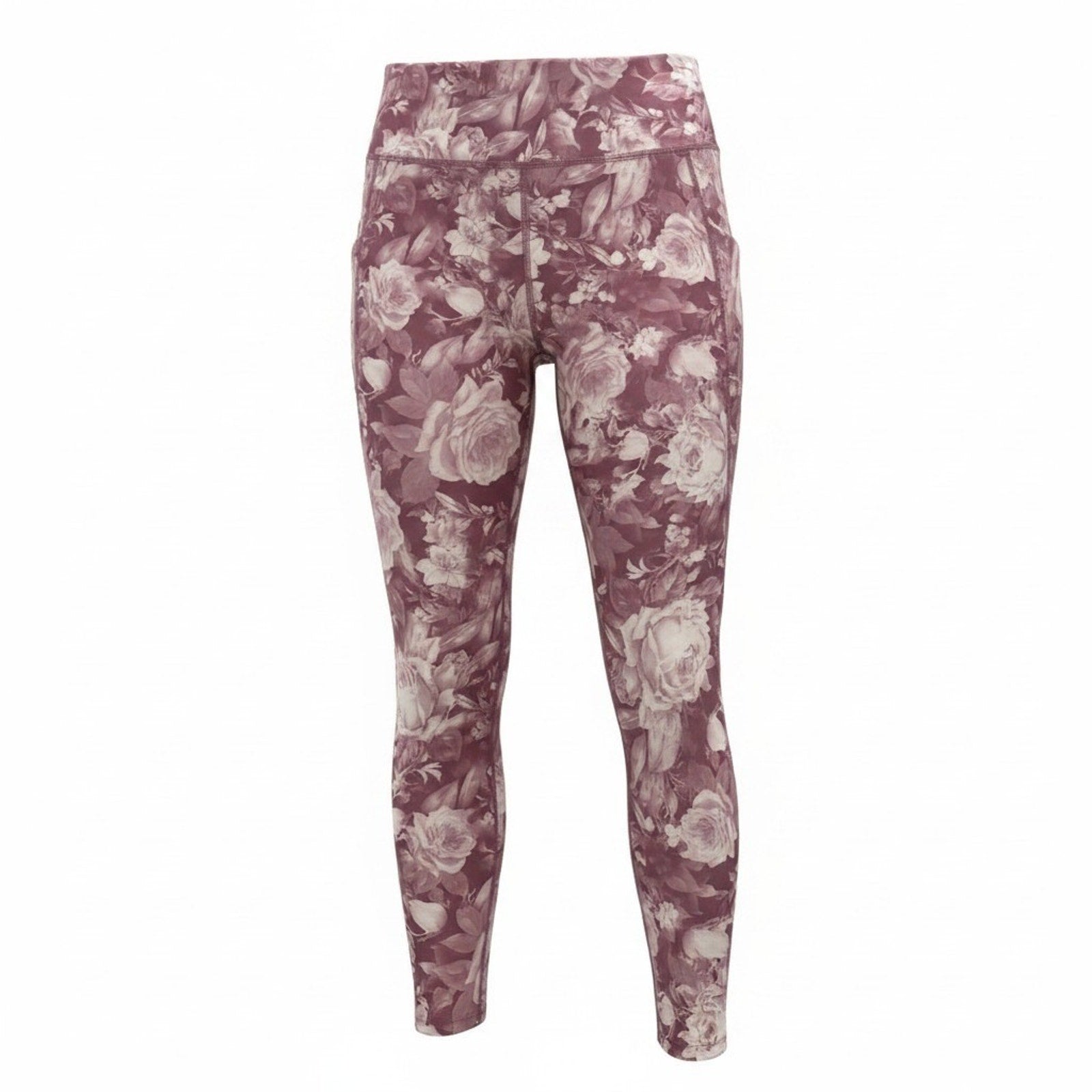 Athletic Works Womens XL Mauve Rose Floral High Waist Leggings Pockets Gym
