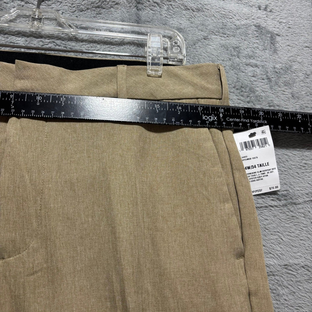Van Heusen Mens 34x34 Tan Herringbone Slim Fit Flex Dress Pants Flat Front Chino