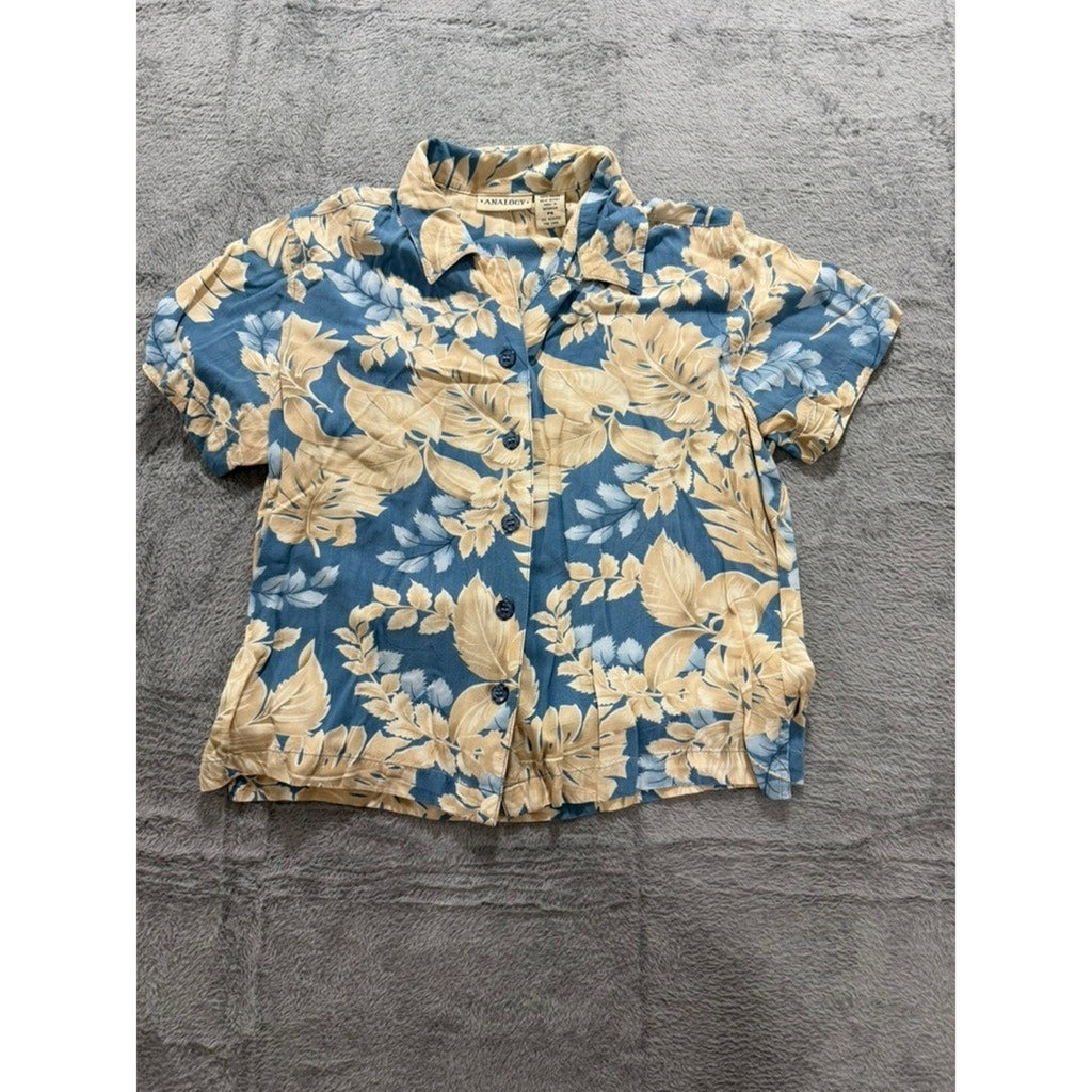 ANALOGY Button Up Shirt Womens PS Blue Beige Floral Hawaiian Tropical