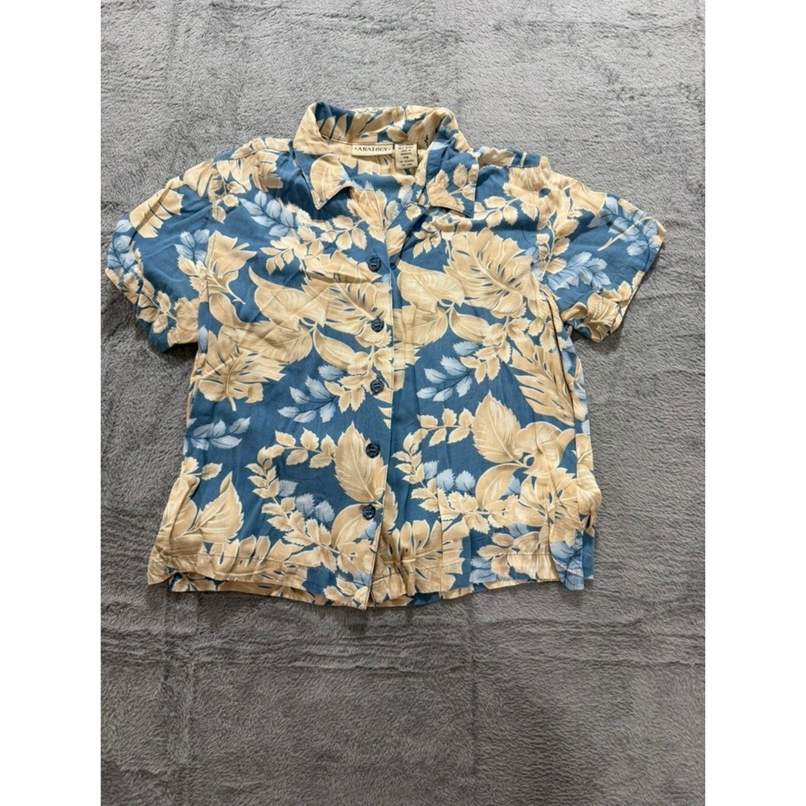 ANALOGY Button Up Shirt Womens PS Blue Beige Floral Hawaiian Tropical