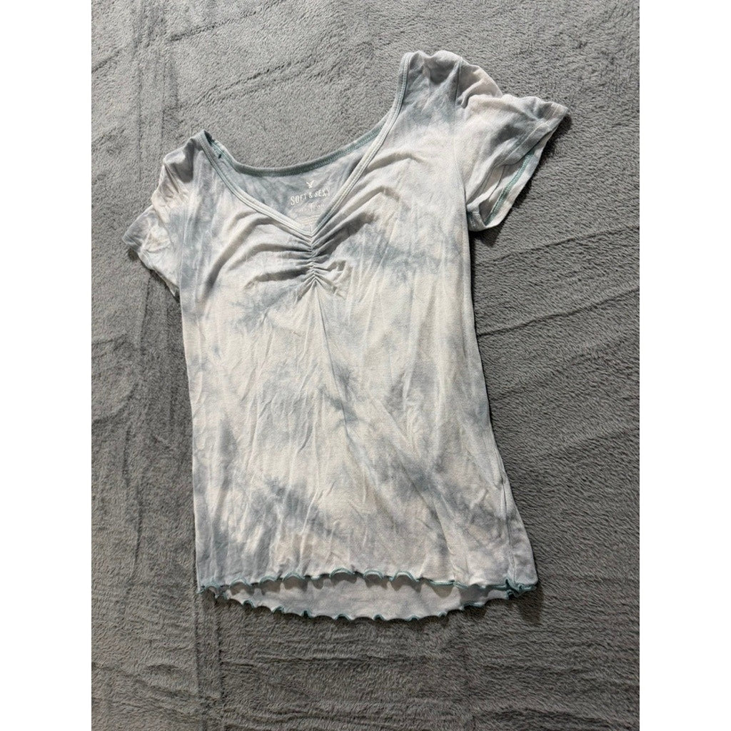 American Eagle Soft & Sexy Tie Dye Ruched V-Neck Lettuce Edge Baby Tee Blue S