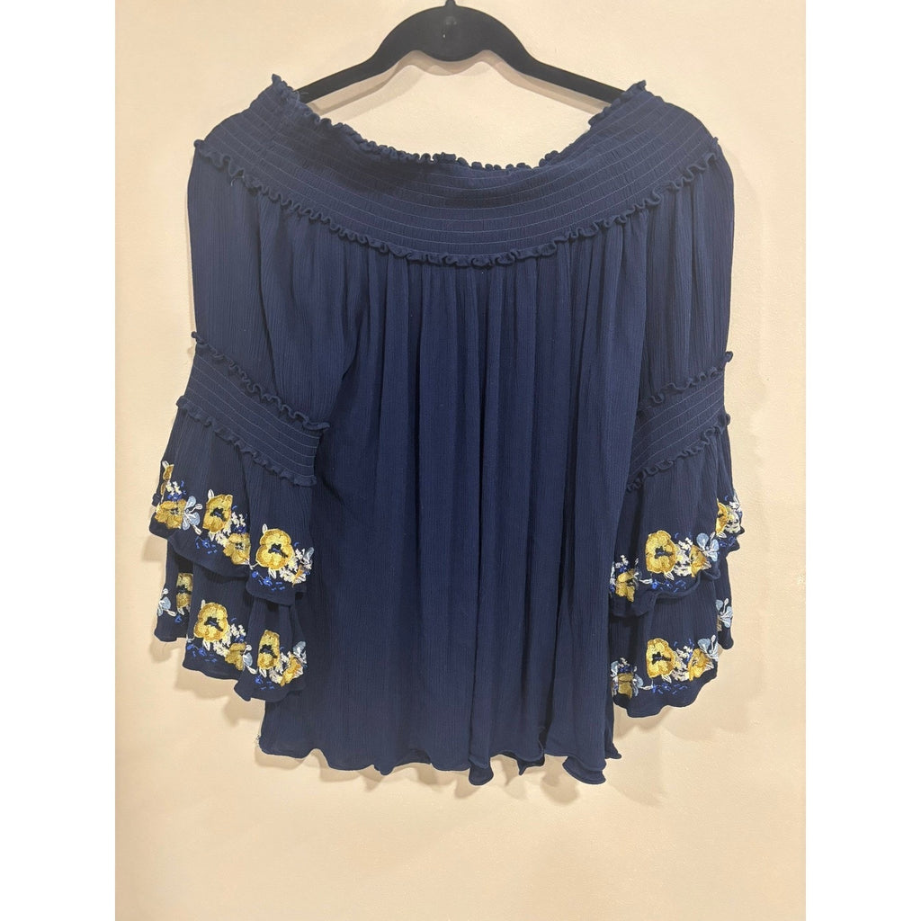 MAX EDITION Navy Off Shoulder Boho Peasant Blouse Embroidered L Coastal Cowgirl