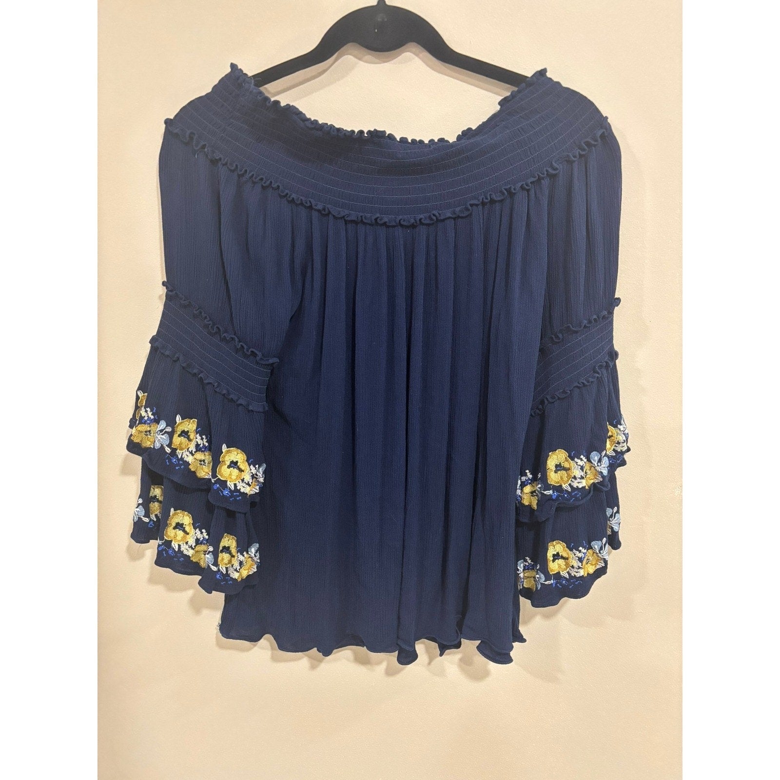 MAX EDITION Navy Off Shoulder Boho Peasant Blouse Embroidered L Coastal Cowgirl