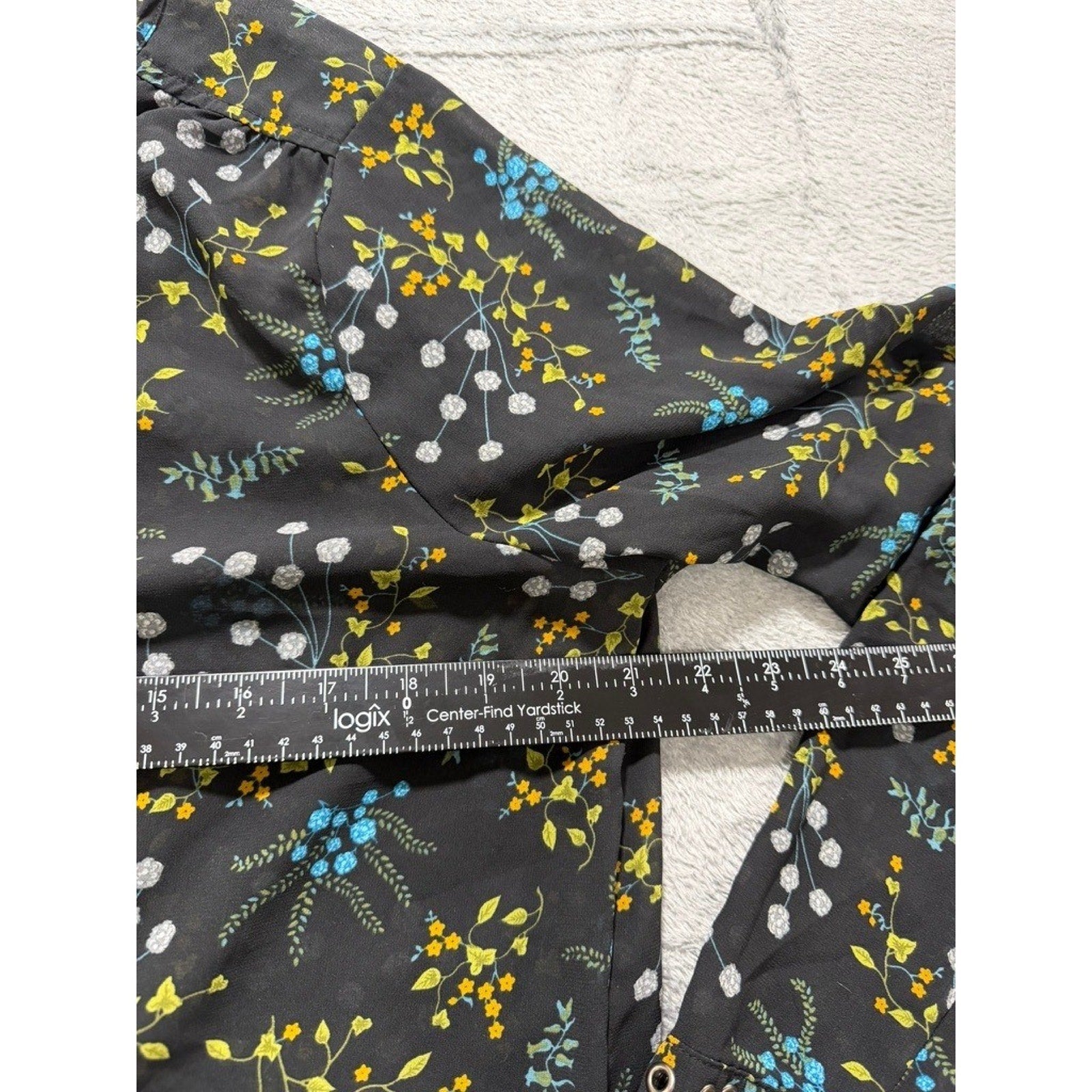 Ruff Hewn Grey Womens XL Black Floral Lace Up Grommet Long Sleeve Blouse Top