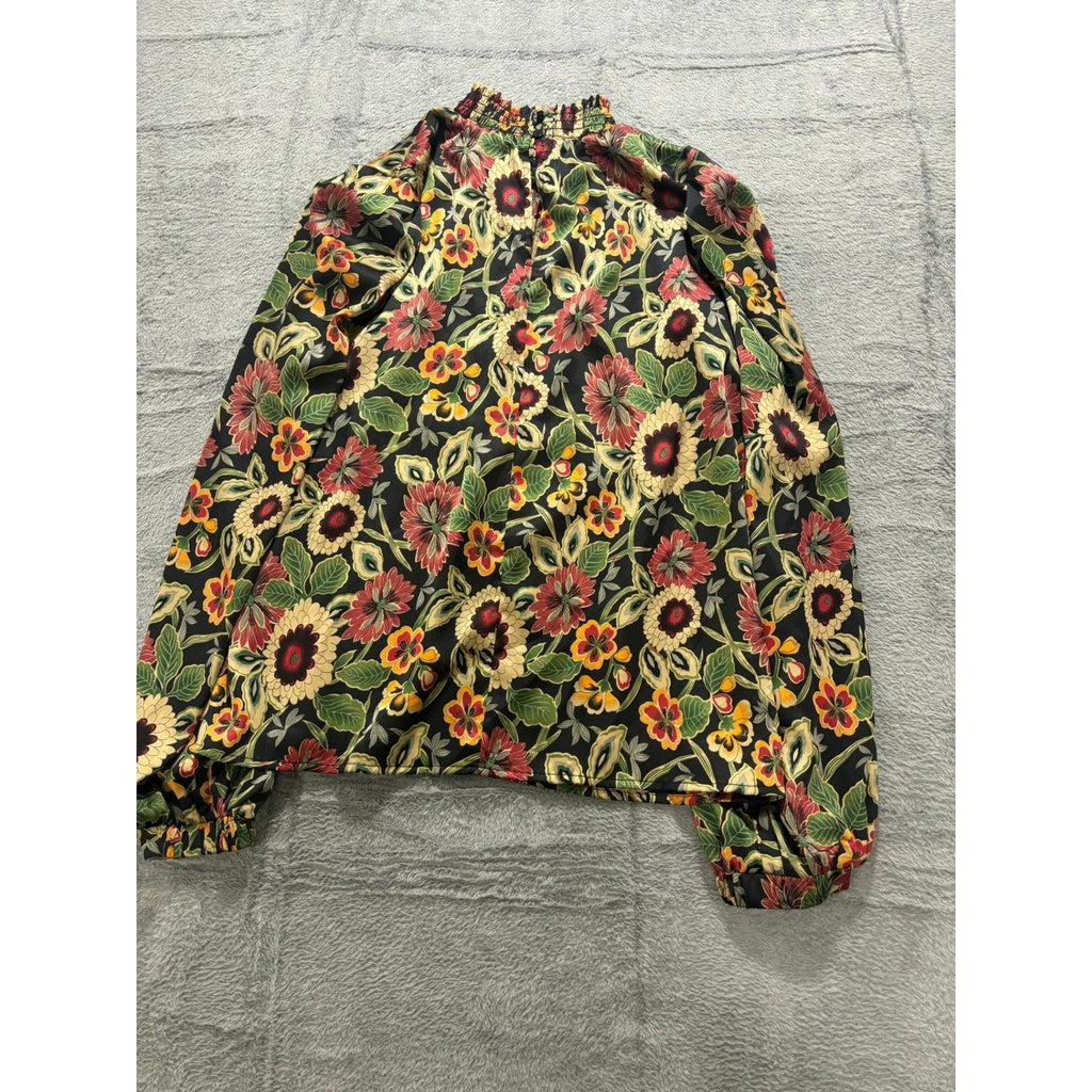 MelloDay Blouse Womens M Floral Boho Smocked Neck Long Sleeve Lightweight Office