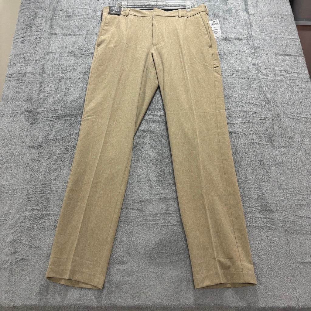 Van Heusen Mens 34x34 Tan Herringbone Slim Fit Flex Dress Pants Flat Front Chino