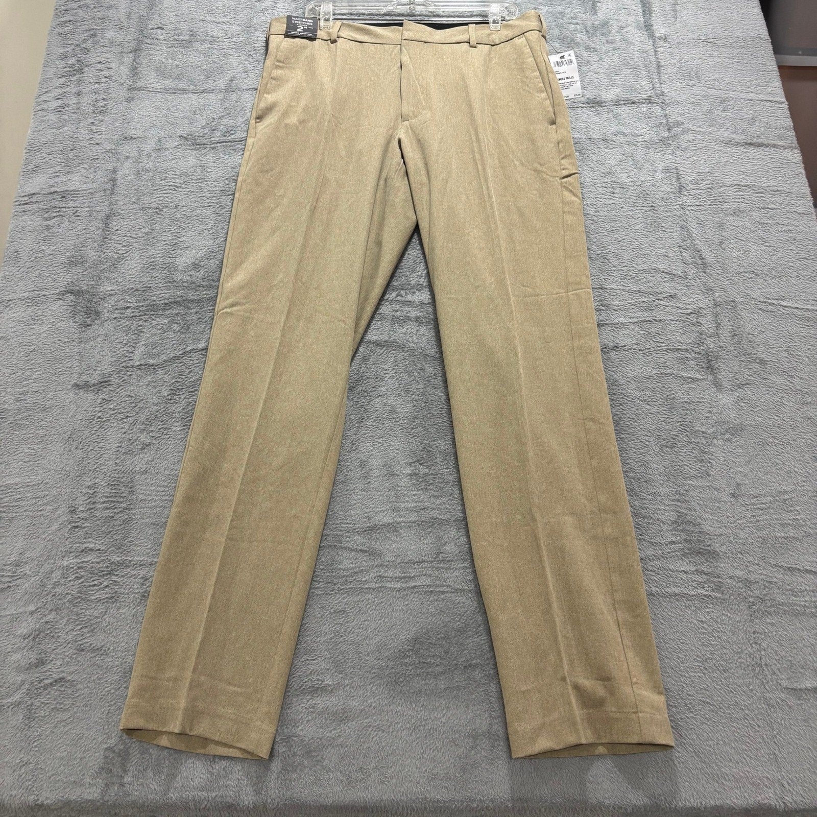 Van Heusen Mens 34x34 Tan Herringbone Slim Fit Flex Dress Pants Flat Front Chino