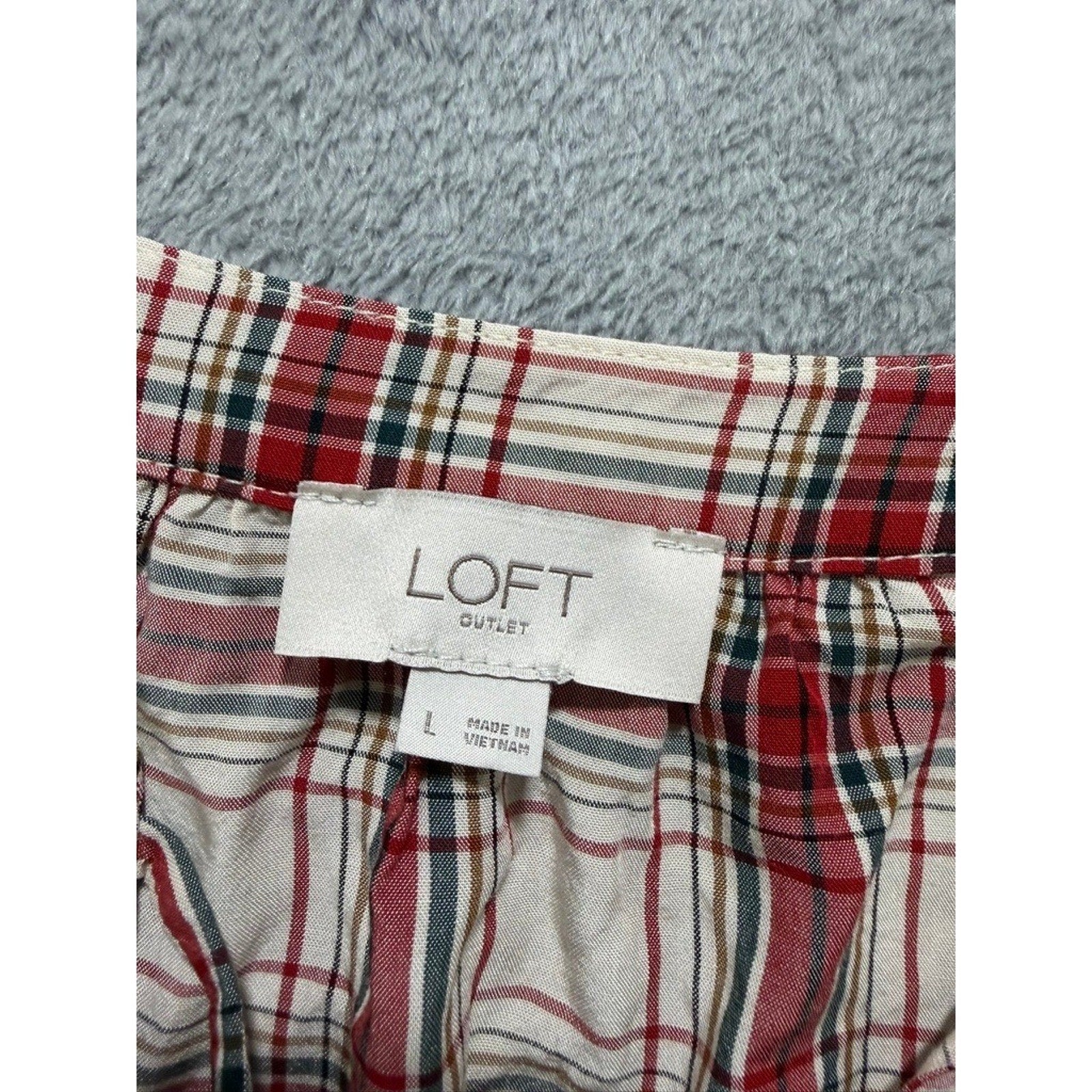 LOFT Outlet Womens Red Plaid Peplum Blouse Long Sleeve Tie Neck Rayon Top Large