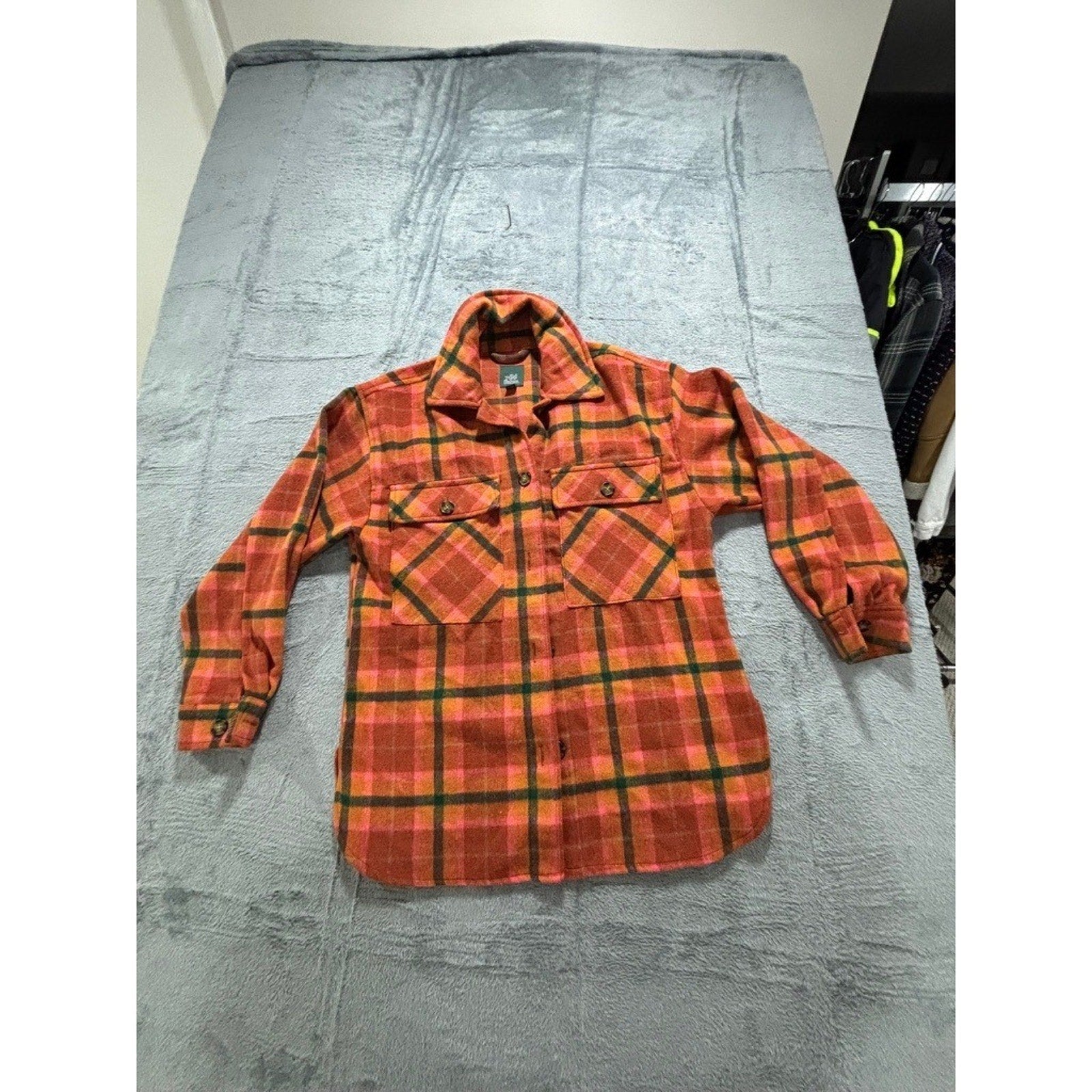 Wild Fable Womens XS Orange Plaid Shacket Button Up Jacket Vintage Boho Cozy
