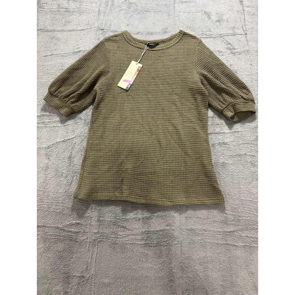 Dokotoo Womens S Olive Green Waffle Knit Puff Sleeve Top Casual Cozy Boho