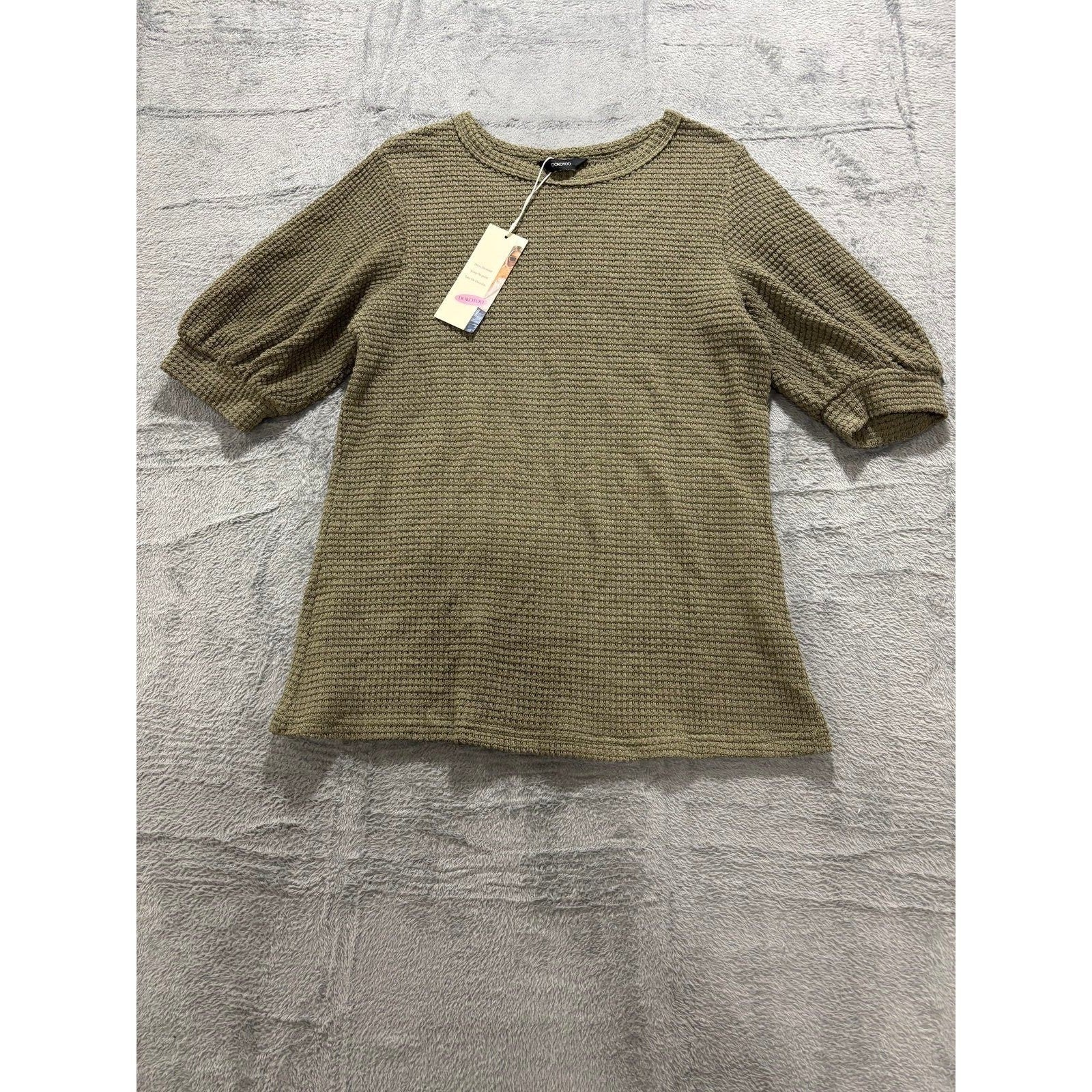 Dokotoo Womens S Olive Green Waffle Knit Puff Sleeve Top Casual Cozy Boho