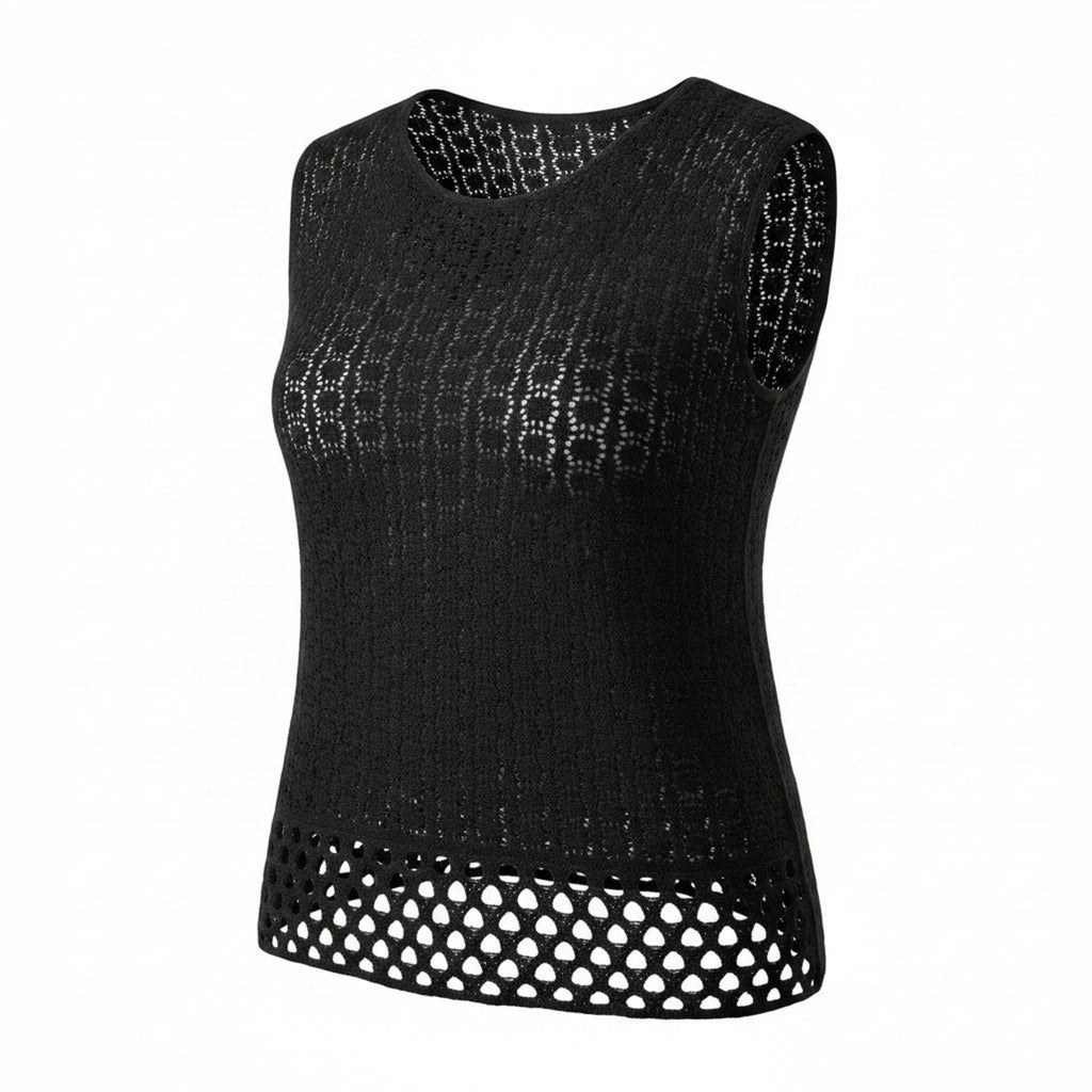 Womens XL Black Crochet Knit Sleeveless Sweater Vest Top Open Weave Boho
