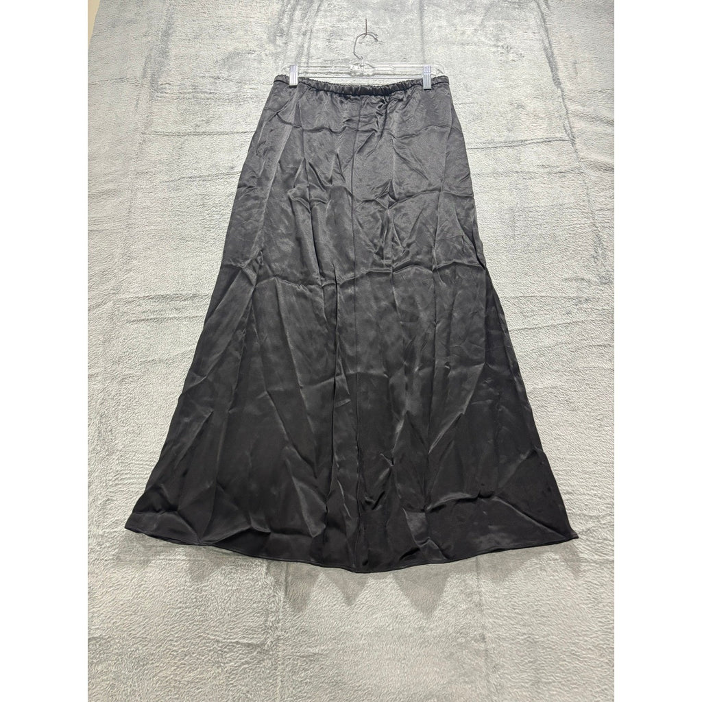 Zara Black Satin A-Line Maxi Skirt Drawstring Waist Size M NEW