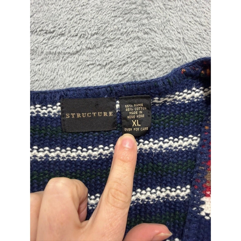 Structure Sweater Vest Mens XL Multicolor Striped Knit Button V Neck Retro