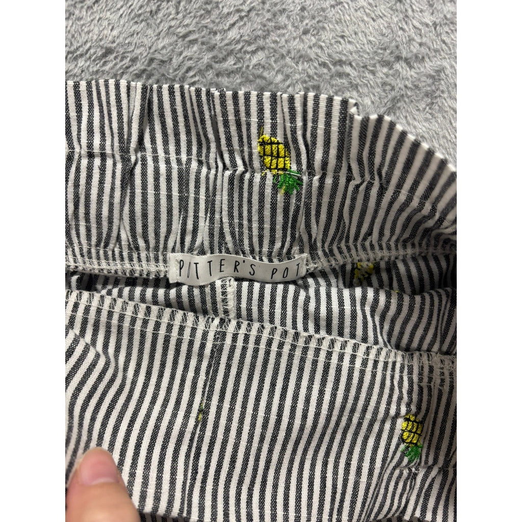 Potter's Pot Shorts Women M Stripe Pineapple Embroidered Tie Waist Summer