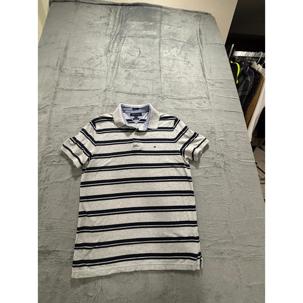 Tommy Hilfiger L Gray Navy Striped Slim Fit Polo Shirt Mens Preppy Casual