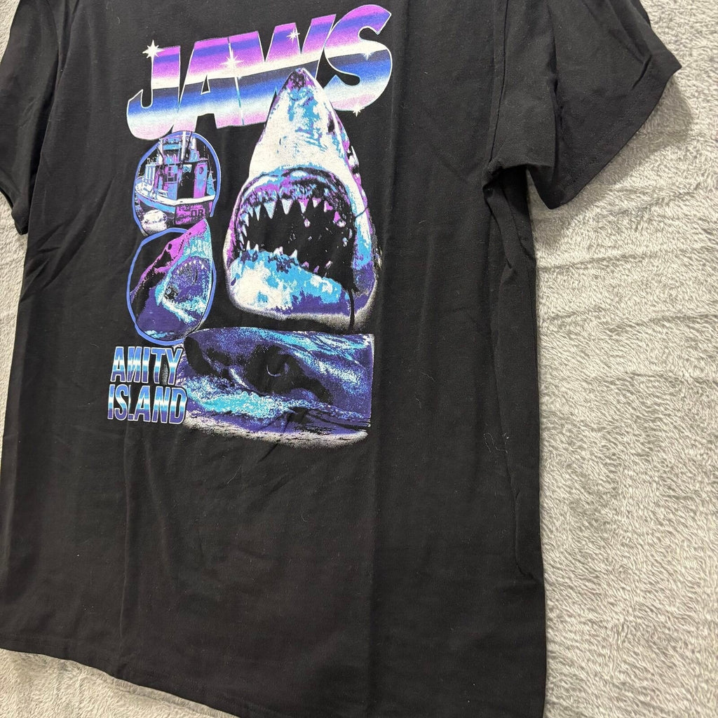 Jaws L Black Womens Graphic T-Shirt Amity Island Retro Vintage Casual