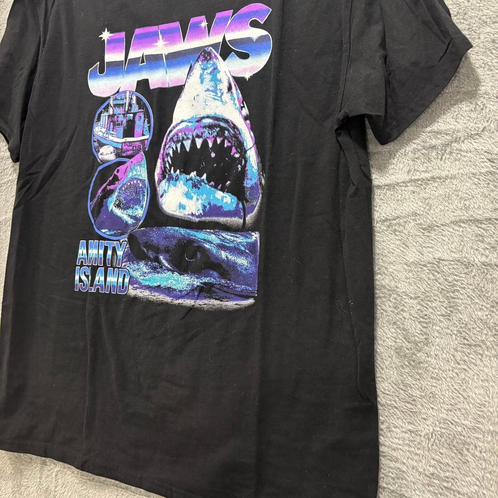 Jaws L Black Womens Graphic T-Shirt Amity Island Retro Vintage Casual